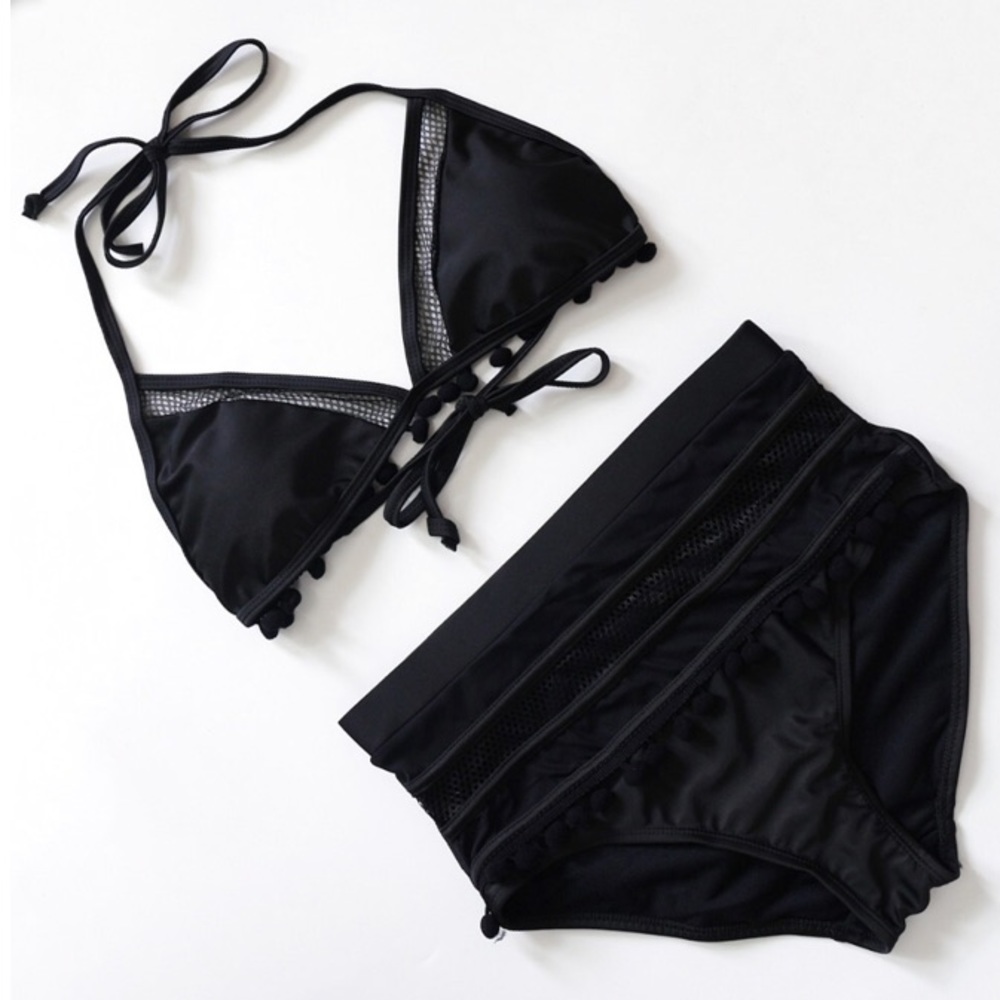 Black Pompom Mesh High Waist Halter Bikini - Picture 2 of 6